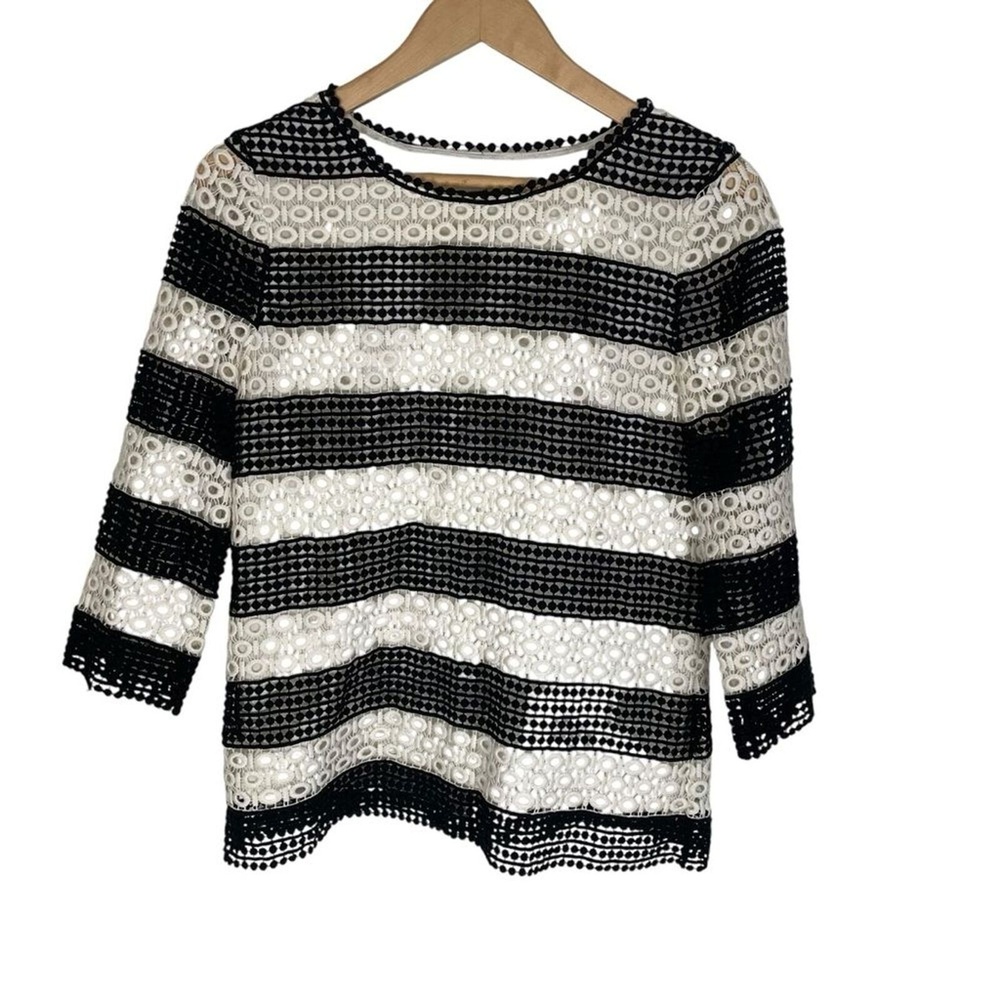 Talbots Black White Eyelet Striped Crochet‎ Lace Tunic Top Blouse Size XS - Picture 2 of 9